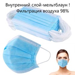 Маска одноразовая трёхслойная. Голубая 50 штук 3574 - фото 7514
